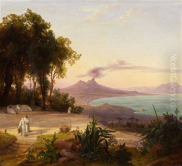 The Bay Of Naples With View Of Mount Vesuvius Oil Painting by August Wilhelm Julius Ahlborn