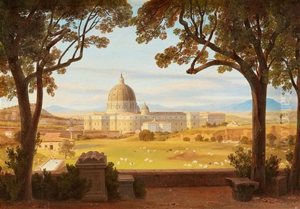 View Of Saint Peter's From The Villa Pamphili Oil Painting by August Wilhelm Julius Ahlborn