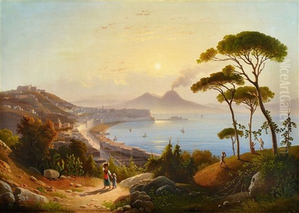 View Of The Gulf Of Naples Oil Painting by August Wilhelm Julius Ahlborn