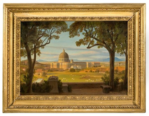 View From The Villa Doria Pamphilj Towards St. Peter's Cathedral In Rome Oil Painting by August Wilhelm Julius Ahlborn