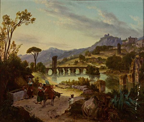 Sudliche Flusslandschaft Mit Steinernen Brucken, Im Vordergrund Lebhaftes Treiben Am Brunnen Oil Painting by August Wilhelm Julius Ahlborn