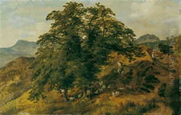 Blick Auf Das Hochgelegene Civitella Und Die Sabiner Berge. Im Vordergrund Hirtenstaffage Oil Painting by August Wilhelm Julius Ahlborn