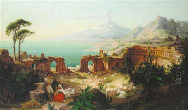 The Roman Amphitheatre, Taormina Oil Painting by August Wilhelm Julius Ahlborn