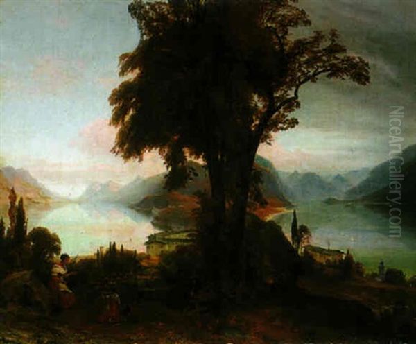 Sunset Over Lake Como Oil Painting by August Wilhelm Julius Ahlborn