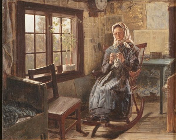 Knitting Woman Oil Painting by Fredrik Ahlstedt