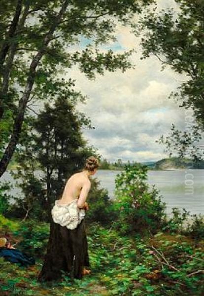 Sommar. Ved En Vik ... Aland (summer Day With A Young Girl Before The Bath In An Inlet In Aland, Sweden) Oil Painting by Fredrik Ahlstedt