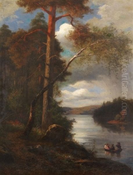 Flusslandschaft Mit Ruderboot Oil Painting by Fredrik Ahlstedt