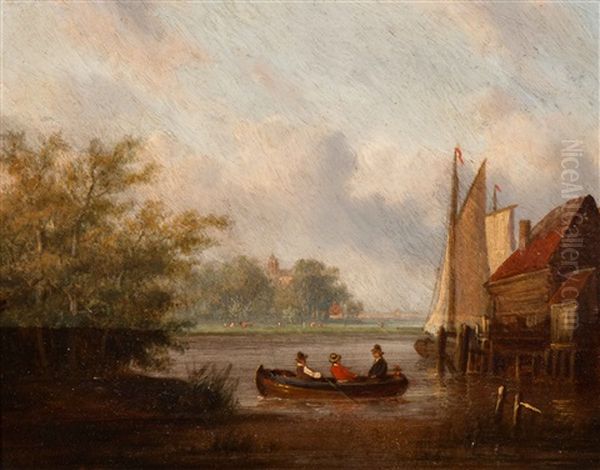 Montelbaans Tower, Amsterdam (+ Figures In A Rowing Boat On An Inland Waterway; 2 Works) Oil Painting by Carl Eduard Ahrendts