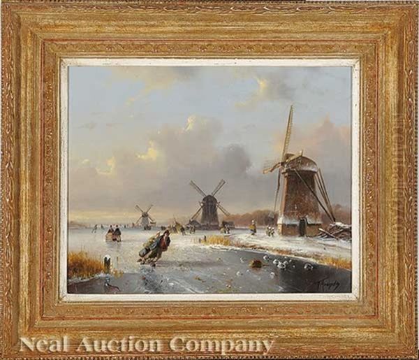 Skating On The River Oil Painting by Carl Eduard Ahrendts