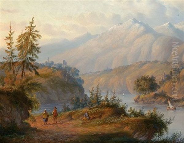 Travelers In A Mountainous Landscape Oil Painting by Carl Eduard Ahrendts