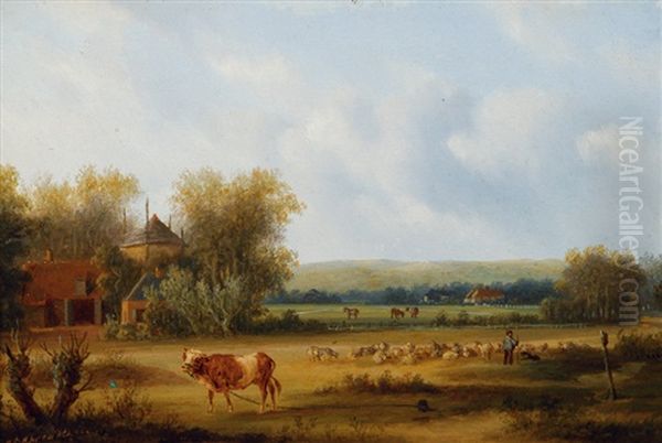 Sheperd With His Flock In A Wide Landscape Oil Painting by Carl Eduard Ahrendts