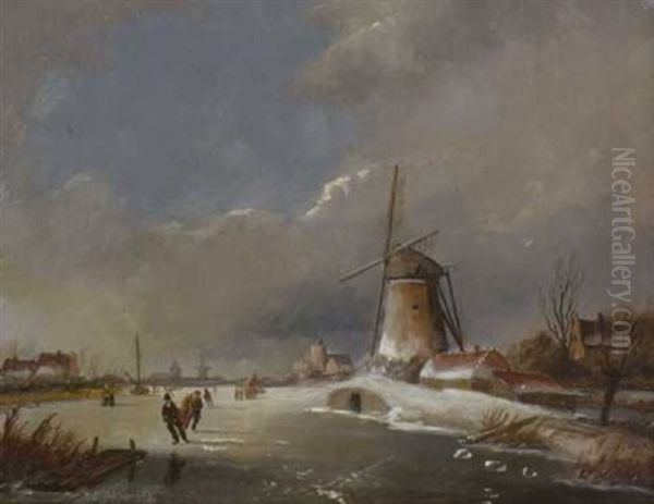 Schlittschuhlaufer In Hollandischer Winterlandschaft Oil Painting by Carl Eduard Ahrendts