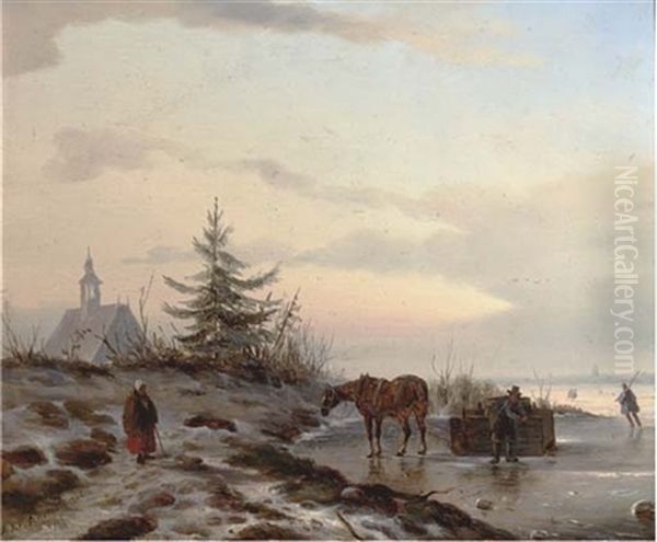 On The Ice Oil Painting by Carl Eduard Ahrendts