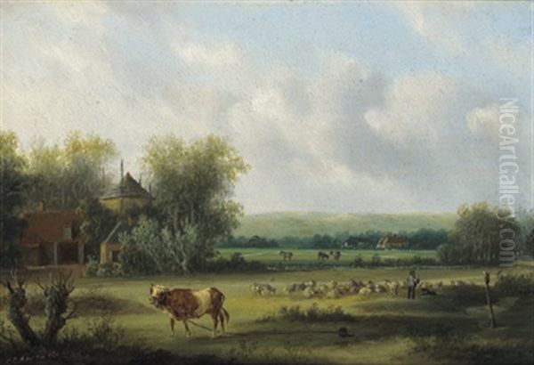 Weidelandschaft Mit Hirten Oil Painting by Carl Eduard Ahrendts