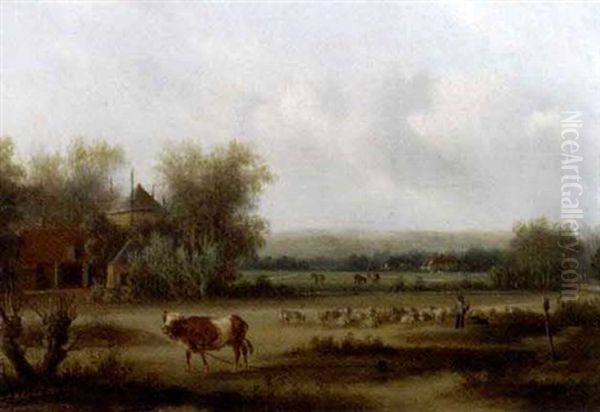 Cattle In A Summer Landscape Oil Painting by Carl Eduard Ahrendts