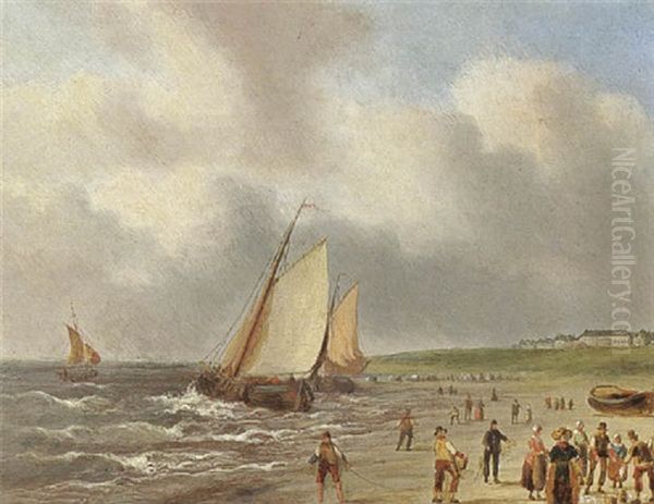 La Plage A Scheveningue Oil Painting by Carl Eduard Ahrendts