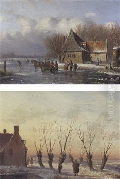 Figures With A Horse And Sledge On The Ice Oil Painting by Carl Eduard Ahrendts