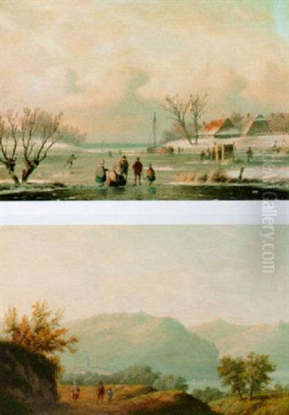 Figures With A Pushcart On The Ice Oil Painting by Carl Eduard Ahrendts