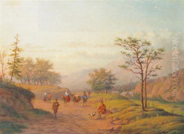 A Mountainous Landscape With Travellers And Sportsmen On A Sandy Track Oil Painting by Carl Eduard Ahrendts