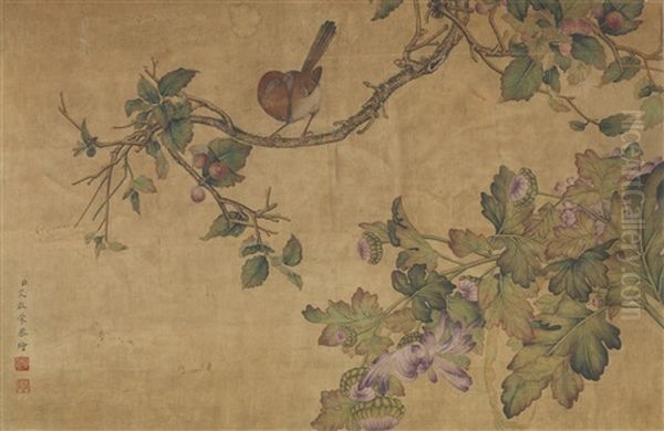 Cherry, Chrysanthemum And Birds Oil Painting by  Ai Qimeng