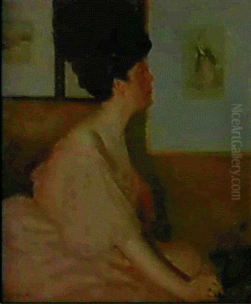 A Lady In Pink Admiring A Picture Oil Painting by George Charles Aid