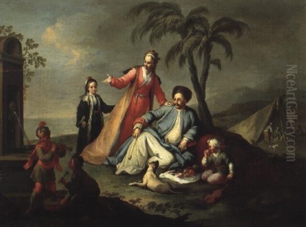 La Famille Du Pacha Pique-niquant Pres D'une Fontaine Romaine Oil Painting by Karl Joseph Aigen