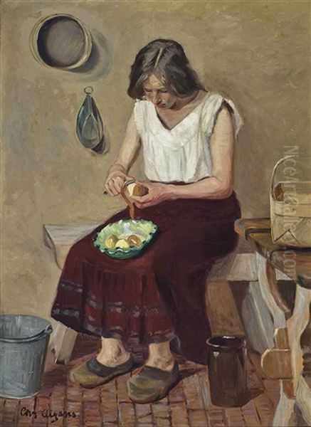 Peeling Potatoes Oil Painting by Christian Aigens