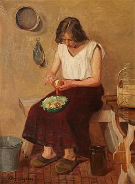 Kitchen Interior With A Young Girl Peeling Potatoes Oil Painting by Christian Aigens