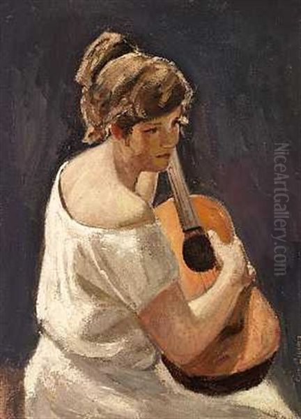 En Ung Pige Med Guitar Oil Painting by Christian Aigens