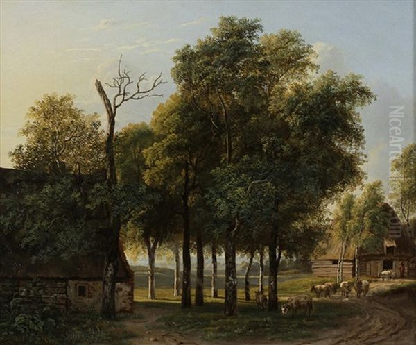 Landscape With Sheep (sold With 190b; Set Of 2) Oil Painting by Jan Hendrick Aikes