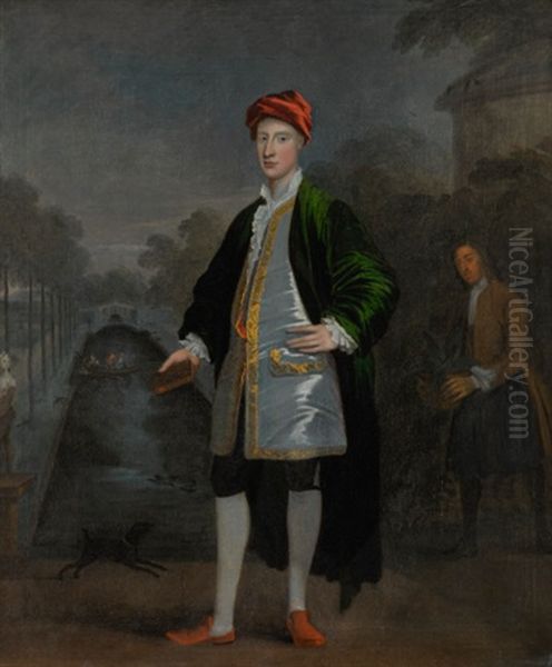 Portrait Of Richard Boyle, Later 3rd Earl Of Burlington And 4th Earl Of Cork (1694-1753), With His Gardener James Scott, Before The Formal Gardens At Chiswick House Oil Painting by William Aikman