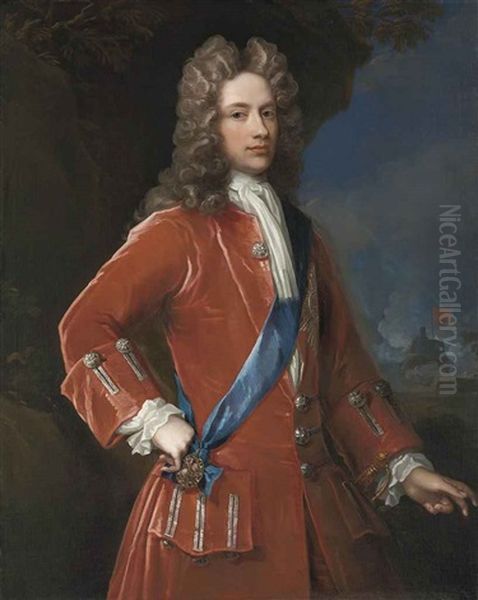 Portrait Of John Campbell, 2nd Duke Of Argyll And 1st Duke Of Greenwich, In A Red Coat With Silver Braid, With The Sash And Star Of The Order Of The Garter, A Coastal Fortress Beyond Oil Painting by William Aikman