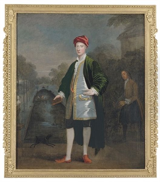 Portrait Of A Gentleman (richard Boyle?) With His Gardener, James Scott, Before A Pond (chiswick?) Oil Painting by William Aikman