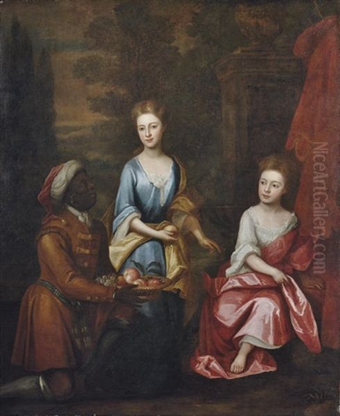 Portrait Of Two Sisters In A Blue Dress With Yellow Wrap And A White Dress With Pink Wrap Oil Painting by William Aikman