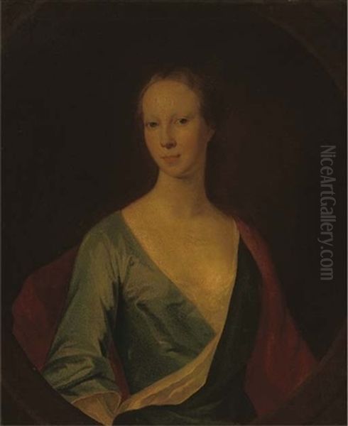 Portrait Of A Lady (lady Tinwald?) In A Blue Dress And Red Wrap Oil Painting by William Aikman