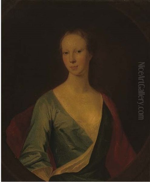 Portrait Of A Lady (lady Tinwald?) Half-length, In A Blue Dress And Red Wrap Oil Painting by William Aikman