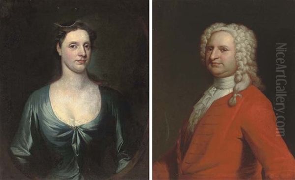 Portrait Of Mr. Herbert, Half-length, In A Red Coat (+ Portrait Of A Mrs. Herbert, Half-length, In A Blue Dress; Pair) Oil Painting by William Aikman