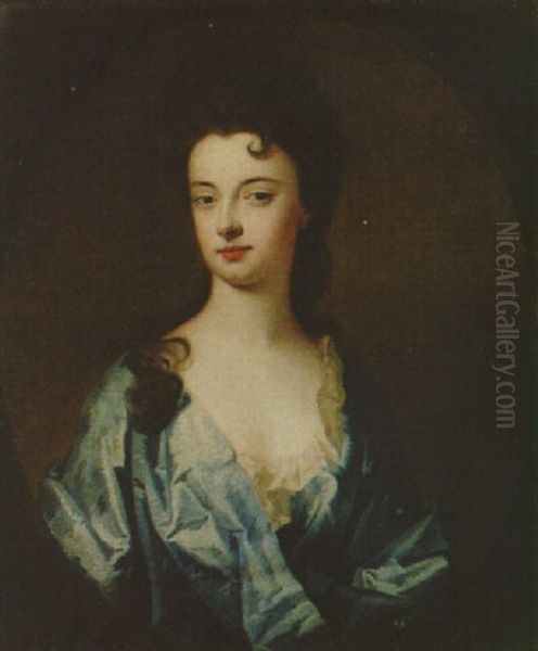 Portrait Of A Lady (the Countess Of Dorchester?) Wearing A Blue Dress Oil Painting by William Aikman