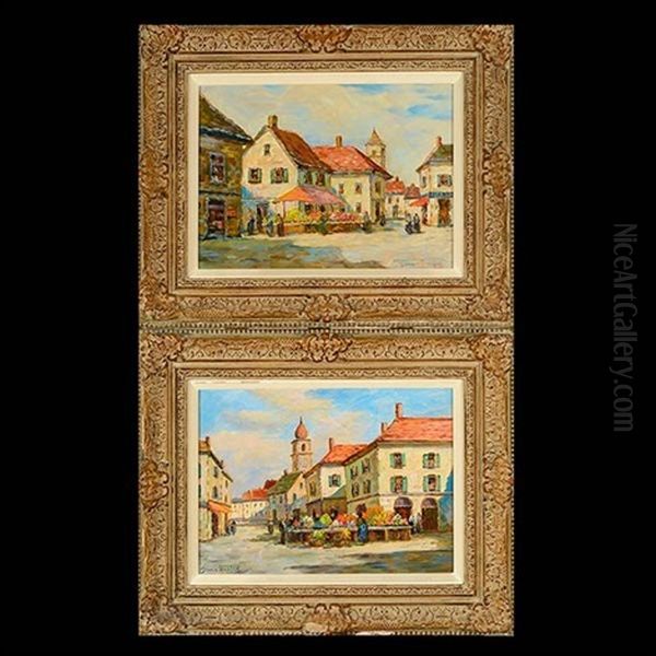 A Nice Market (france); Square In Aux (2 Works) Oil Painting by Dennis Ainsley