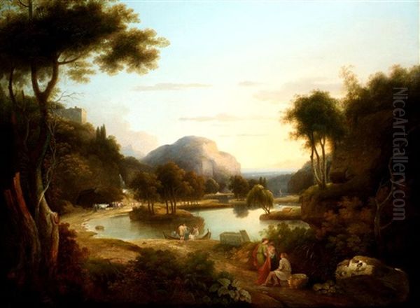 Classical Figures In An Extensive Italianate Landscape (lake Arno?) Oil Painting by Samuel James Ainsley