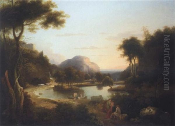 Classical Figures In An Extensive Italianate Landscape, (lake Arno?) Oil Painting by Samuel James Ainsley