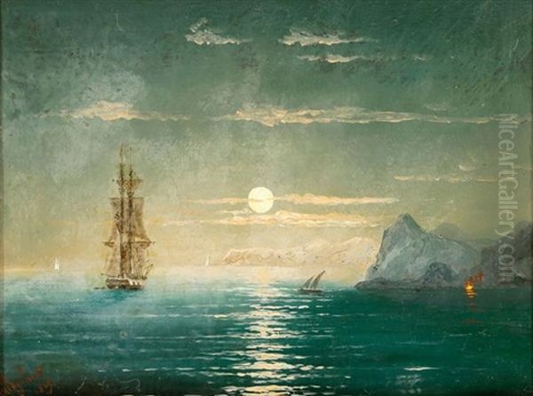 Segelschiffe Bei Vollmond Oil Painting by Ivan Konstantinovich Aivazovsky