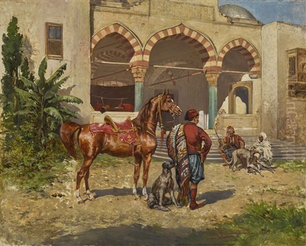 A Turkish Courtyard Oil Painting by Tadeusz Ajdukiewicz