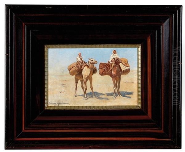 Two Pack Camels In The Desert Oil Painting by Tadeusz Ajdukiewicz