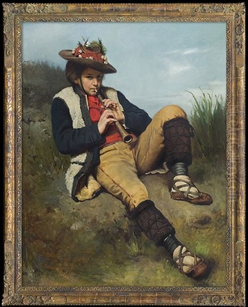 Boy Playing The Flute Oil Painting by Tadeusz Ajdukiewicz