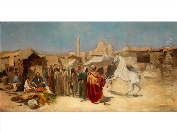 Arabischer Markt Mit Vorfuhrung Eines Araber-schimmelhengstes Oil Painting by Tadeusz Ajdukiewicz