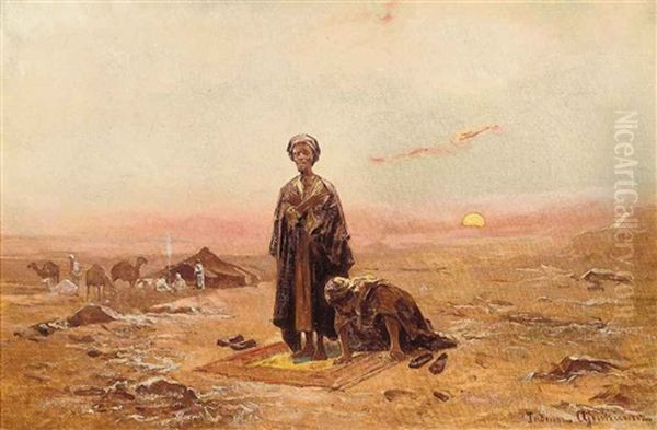 Bedouins Praying In The Desert Oil Painting by Tadeusz Ajdukiewicz