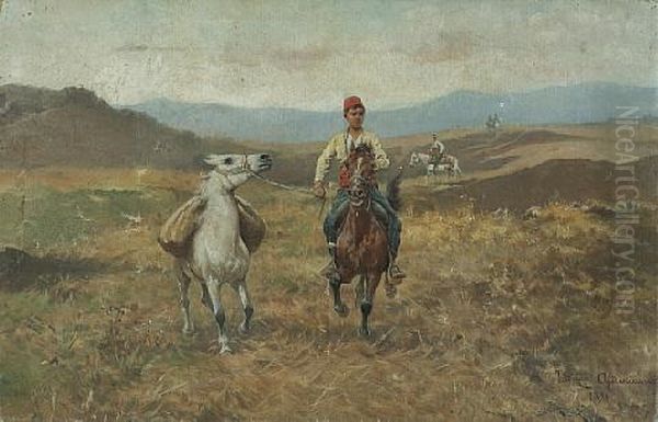 A Young Horseman Leading A Pack Horse Oil Painting by Tadeusz Ajdukiewicz