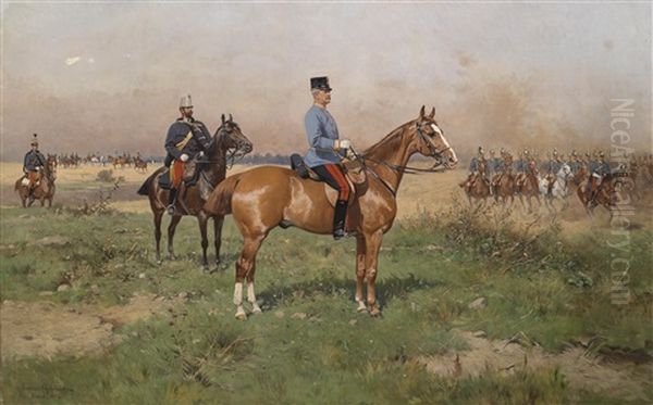 General Prinz Leopold Von Croy In Campagneuniform Zu Pferd Wahrend Eines Manovers, Im Hintergrund Husaren-stabsoffizier Als Generaladjutant Mit Kommodtschako, Im Hintergrund Anreitende Dragonereskadron, Sowie Ein Einzelner Husar Oil Painting by Thaddaus von Ajdukiewicz