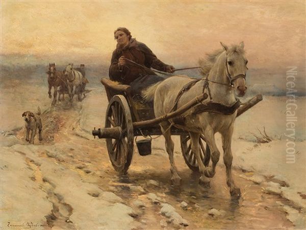 Horses And Cart In Winter Oil Painting by Zygmunt Ajdukiewicz